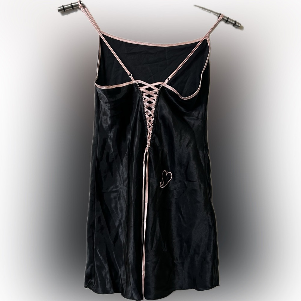 La Vie en Rose black satin coquette slip dress pink trim back lace corset Size M - Picture 3 of 7